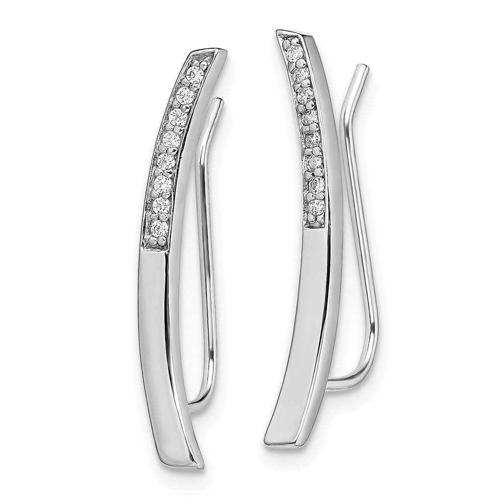 Rhodium-plated Sterling Silver Curved Bar CZ Ear Climber Earrings