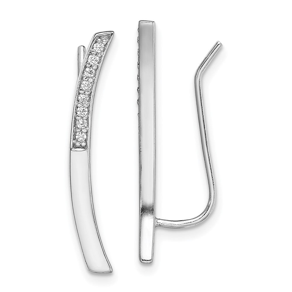 Rhodium-plated Sterling Silver Curved Bar CZ Ear Climber Earrings