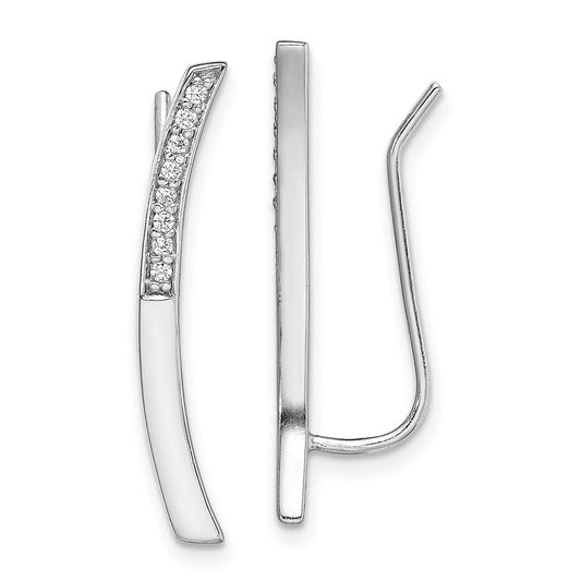 Rhodium-plated Sterling Silver Curved Bar CZ Ear Climber Earrings