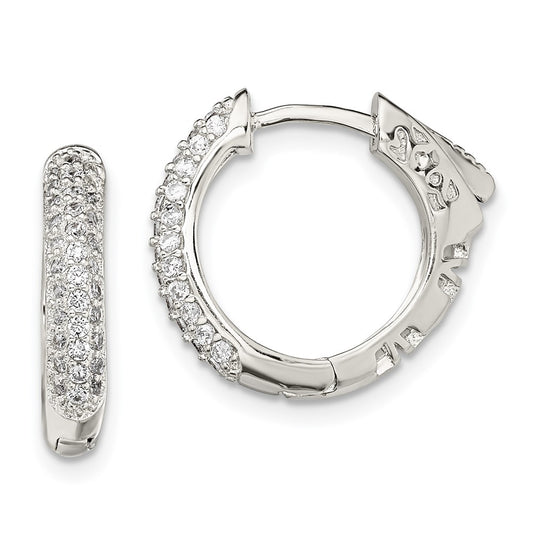 Sterling Silver Pave CZ Safety Lock Hinged Hoop Earrings