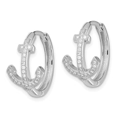 Rhodium-plated Sterling Silver CZ Anchor Hinged Earrings