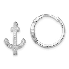 Rhodium-plated Sterling Silver CZ Anchor Hinged Earrings