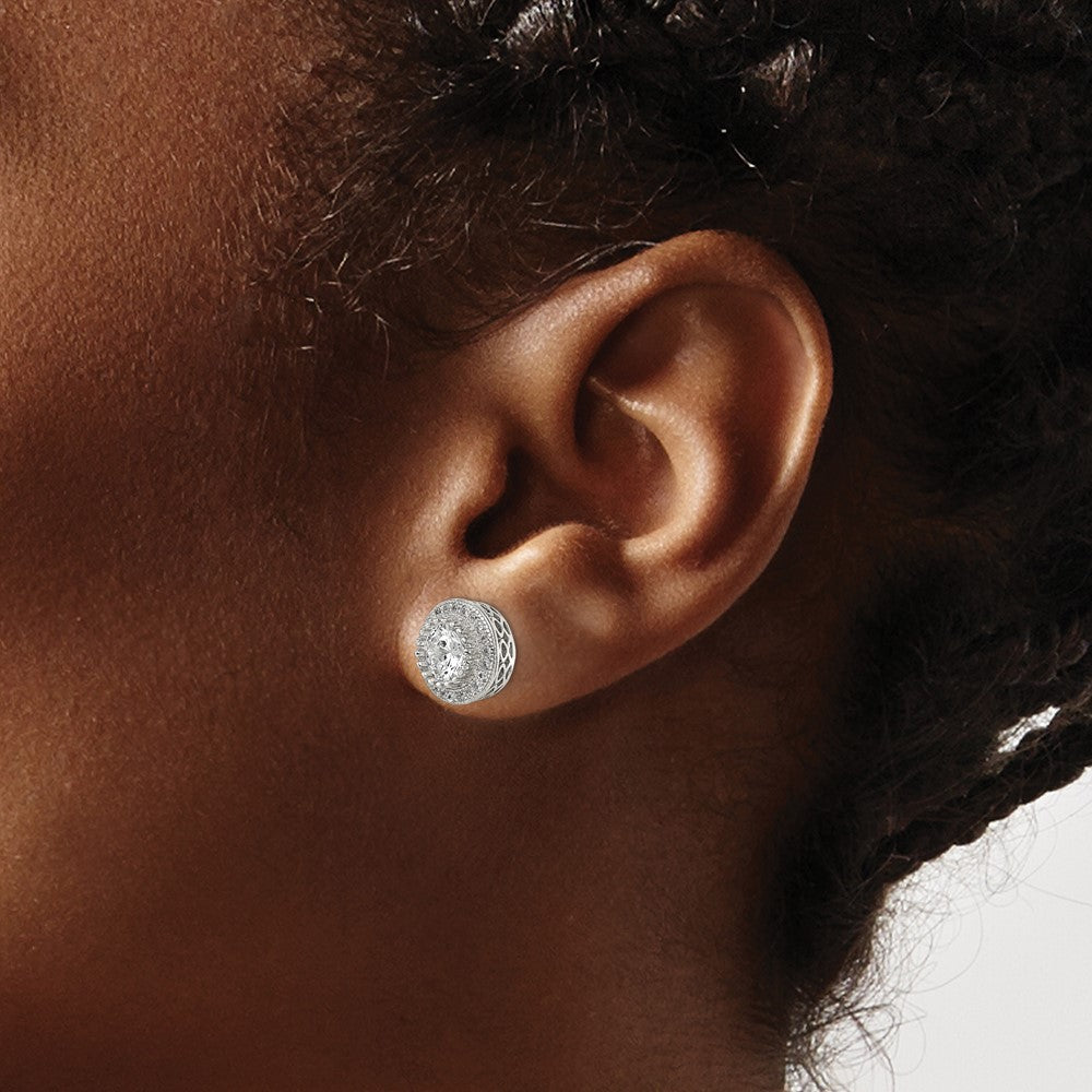 Sterling Silver Round CZ Pave Halo Post Earrings