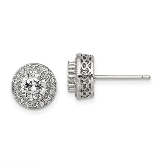 Sterling Silver Round CZ Pave Halo Post Earrings