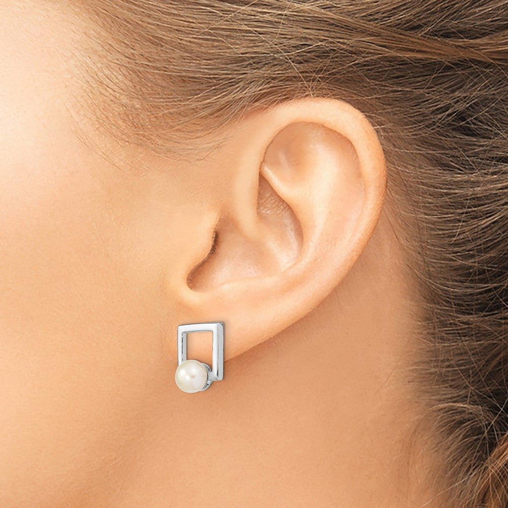Rhodium-plated Sterling Silver 6-7mm Button FWC Pearl Square Post Earrings