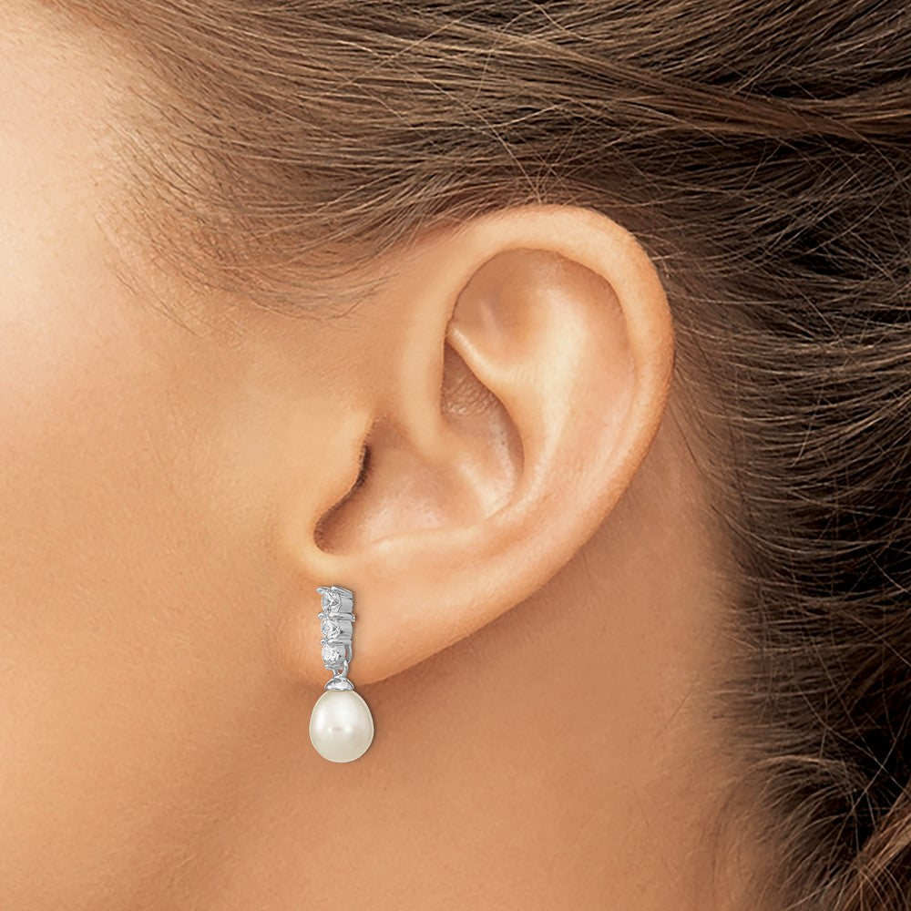 Rhodium-plated Sterling Silver 7-8mm White FWC Pearl CZ Post Earrings