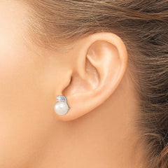 Rhodium-plated Sterling Silver 8-9mm White Round FWC Pearl CZ Post Earrings