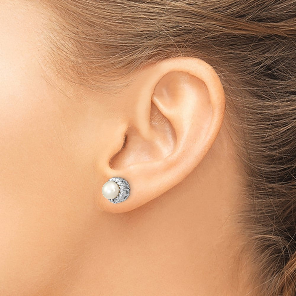 Rhodium-plated Sterling Silver CZ FWC Pearl Post Earrings