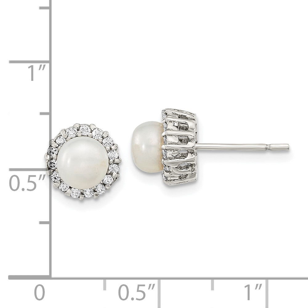 Rhodium-plated Sterling Silver CZ FWC Pearl Post Earrings