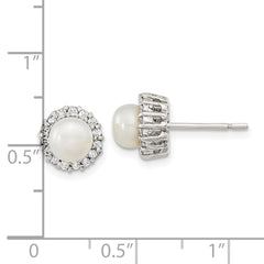 Rhodium-plated Sterling Silver CZ FWC Pearl Post Earrings