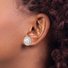 Rhodium-plated Sterling Silver 10-11mm Button FWC Pearl CZ Post Earrings