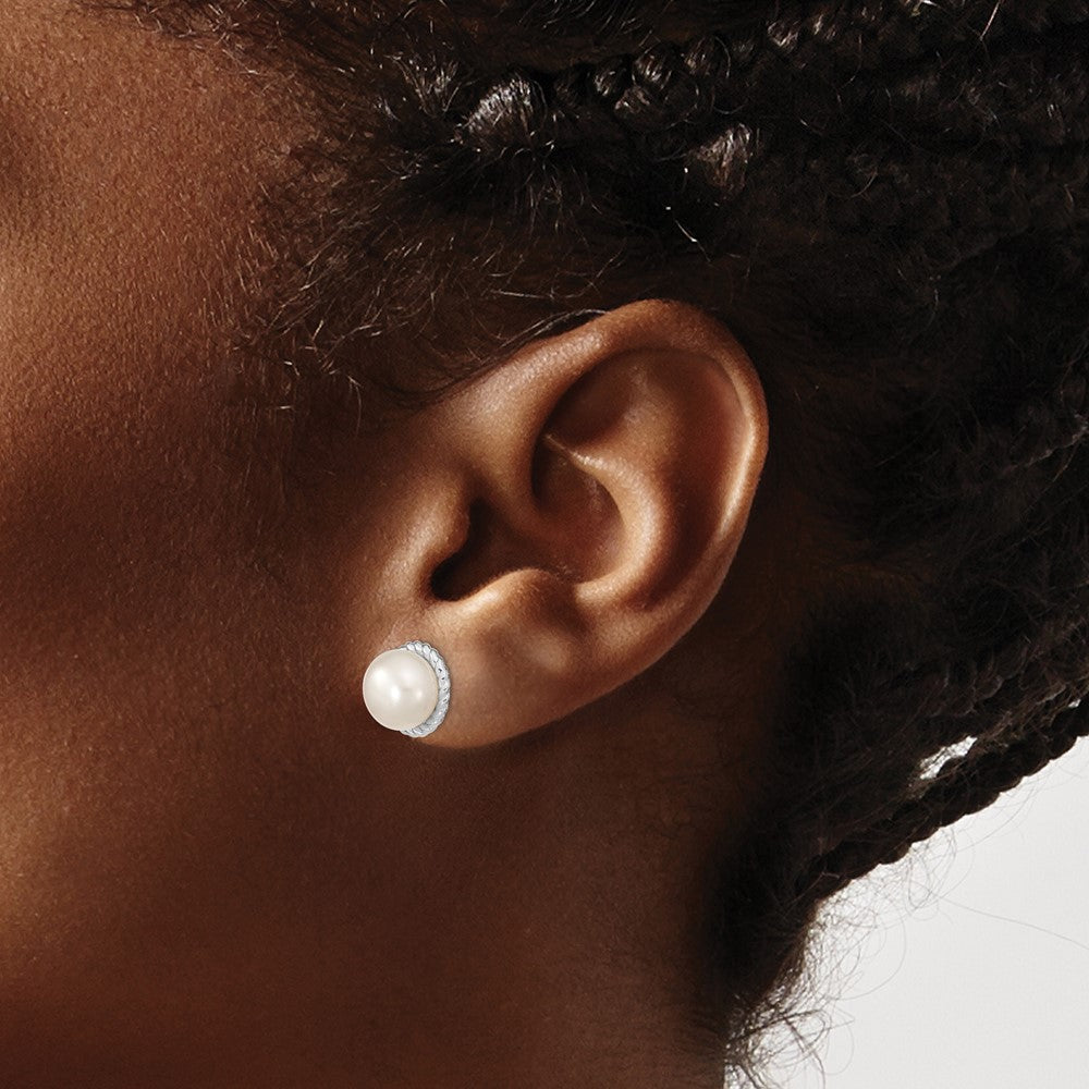 Rhodium-plated Sterling Silver 8-9mm White Button FWC Pearl Post Earrings
