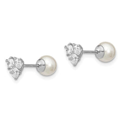 Rhodium-plated Sterling Silver CZ Imitation Shell Pearl Front Back Earrings