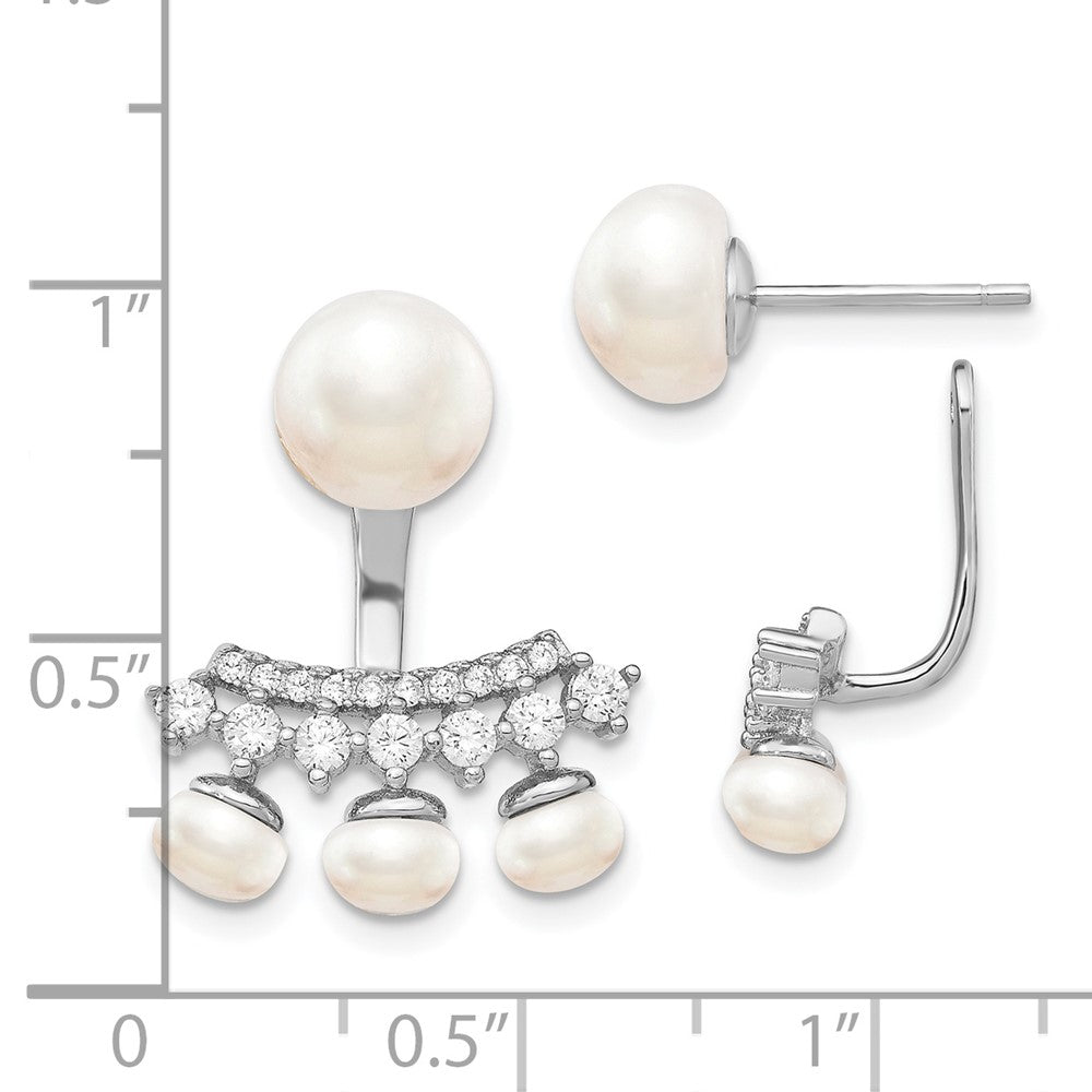 Rhodium-plated Sterling Silver White FWC Pearl CZ Front Back Earrings