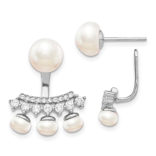 Rhodium-plated Sterling Silver White FWC Pearl CZ Front Back Earrings