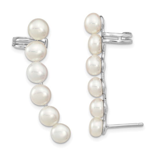 Rhodium-plated Sterling Silver 5-6mm FWC Pearl Ear Climber Cuff Earrings