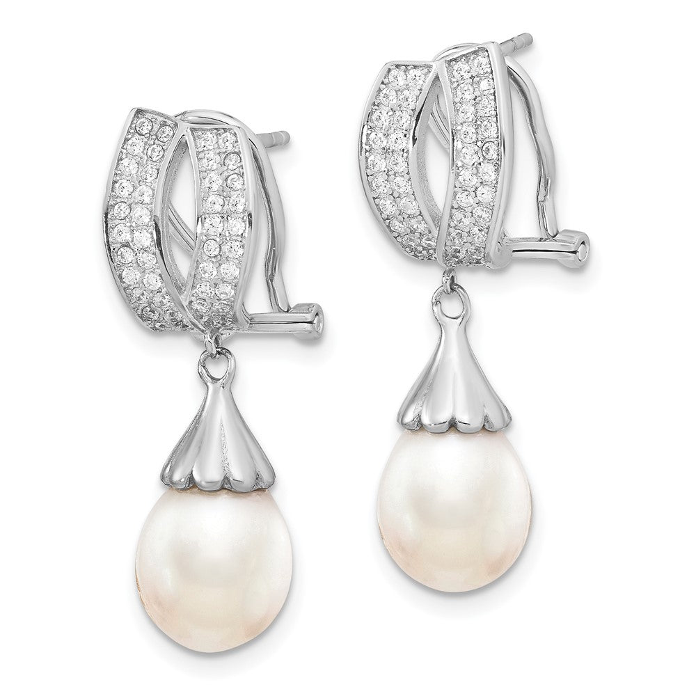 Rhodium-plated Sterling Silver 8-9mm Rice FWC Pearl CZ Omega Back Earrings