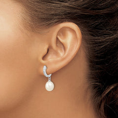Rhodium-plated Sterling Silver 8-9mm Rice FWC Pearl CZ Dangle Hoop Earrings