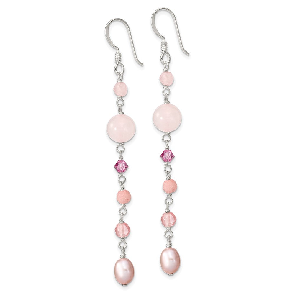 Sterling Silver Polished Pink FWC Pearl, Pink Jade, Rosaline, Cherry and Rose Quartz Dangle Earrings