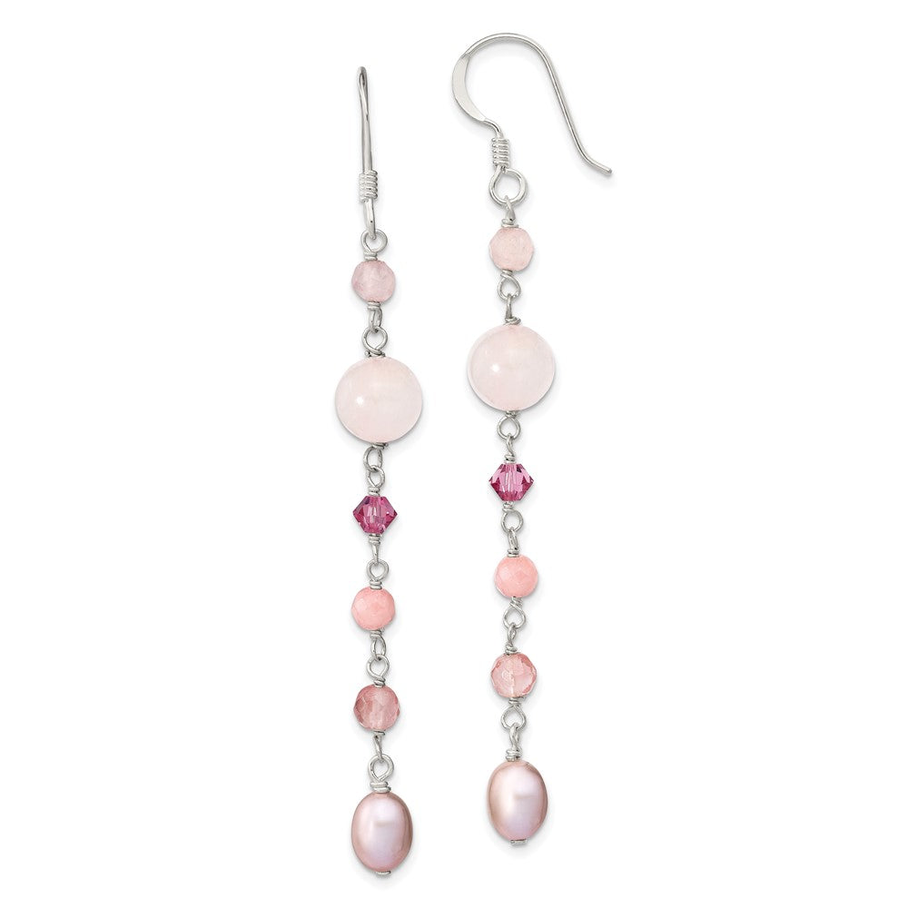 Sterling Silver Polished Pink FWC Pearl, Pink Jade, Rosaline, Cherry and Rose Quartz Dangle Earrings