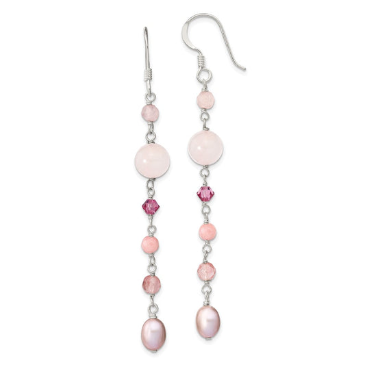 Sterling Silver Polished Pink FWC Pearl, Pink Jade, Rosaline, Cherry and Rose Quartz Dangle Earrings