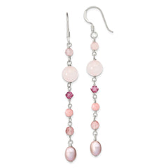 Sterling Silver Polished Pink FWC Pearl, Pink Jade, Rosaline, Cherry and Rose Quartz Dangle Earrings