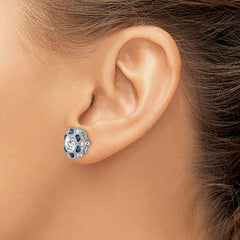 Rhodium-plated Sterling Silver Blue Spinel and CZ Flower Post Earrings