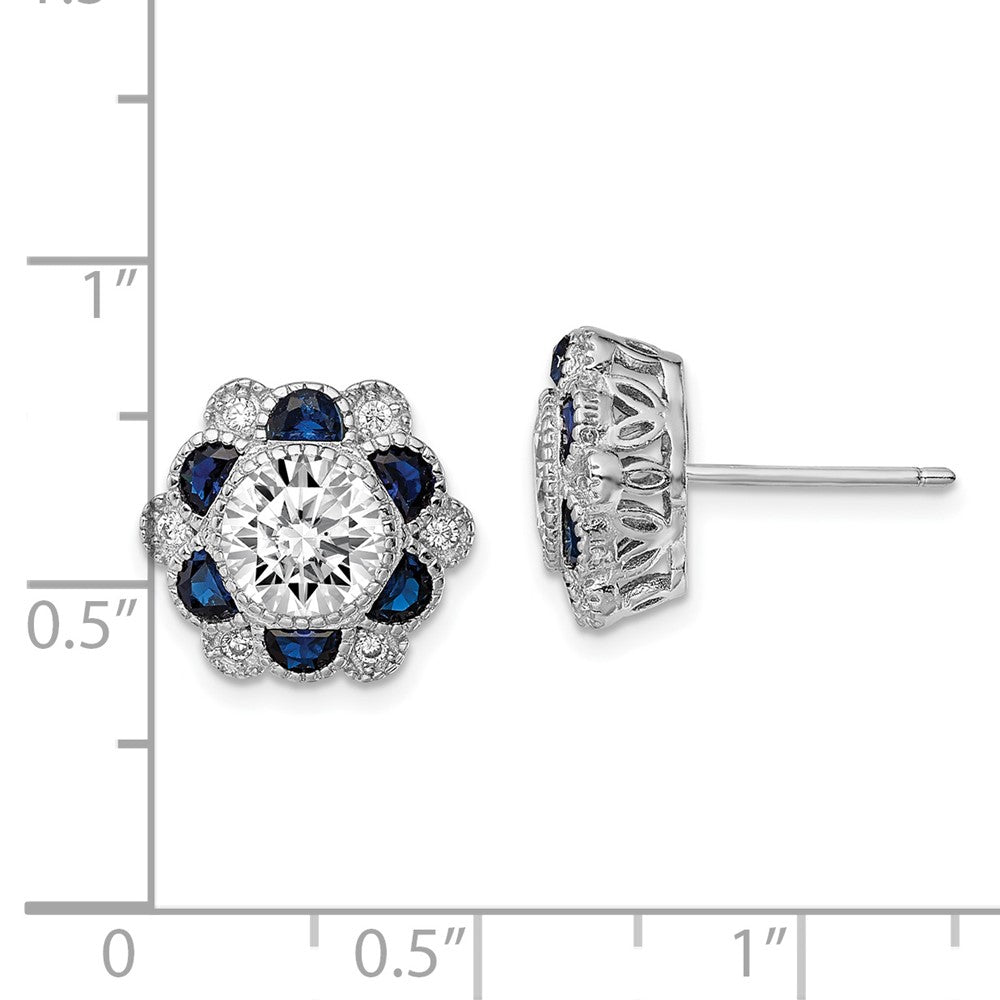 Rhodium-plated Sterling Silver Blue Spinel and CZ Flower Post Earrings