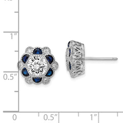 Rhodium-plated Sterling Silver Blue Spinel and CZ Flower Post Earrings
