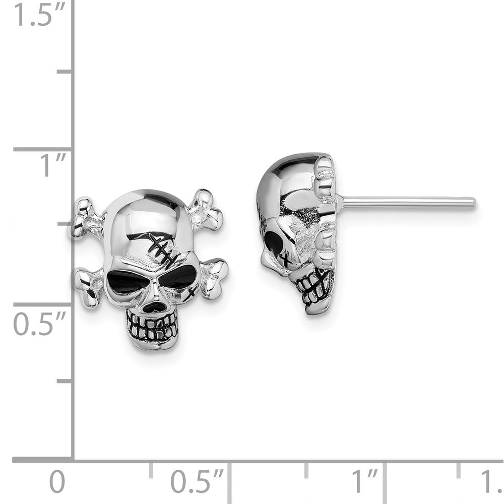 Rhodium-plated Sterling Silver Antiqued Enameled Skull Post Earrings