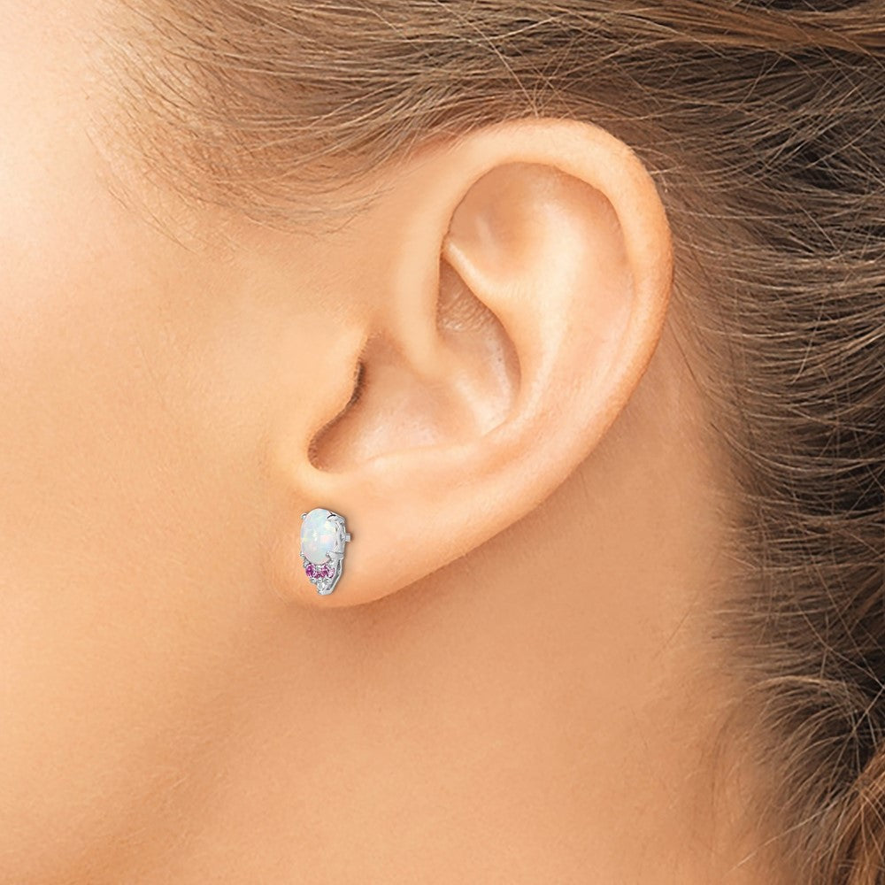 Rhodium-plated Sterling Silver Diamond Cr.Pink Sapp and Simulated Opal Earrings