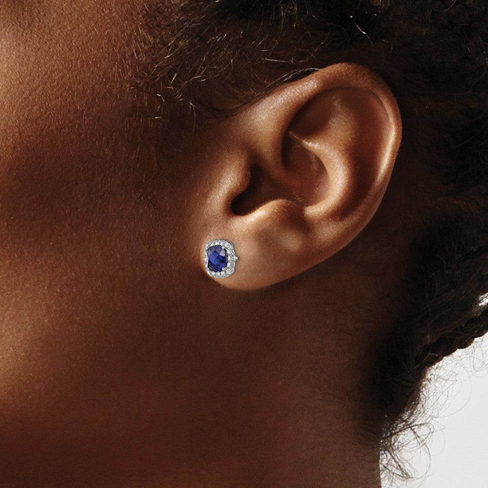 Rhodium-plated Sterling Silver Created Blue White Sapphire Post Earrings