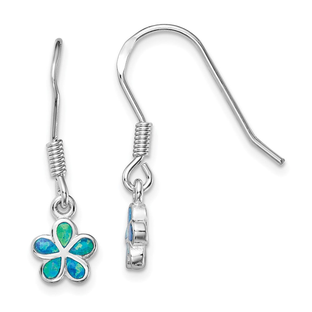 Rhodium-plated Sterling Silver Blue Created Opal Flower Earrings