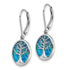 Rhodium-plated Sterling Silver Created Opal Tree of Life Leverback Earrings