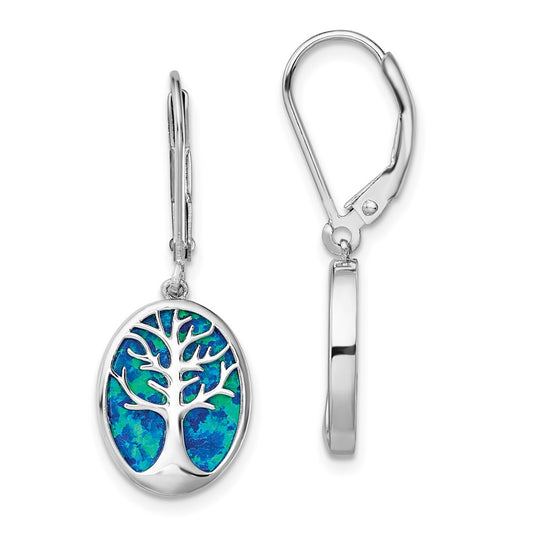 Rhodium-plated Sterling Silver Created Opal Tree of Life Leverback Earrings
