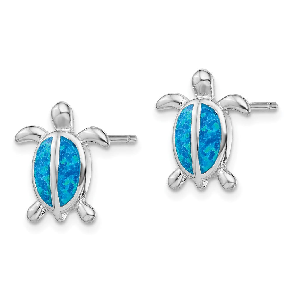 Rhodium-plated Sterling Silver Blue Created Opal Turtle Post Earrings