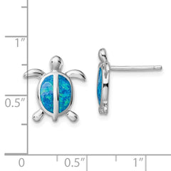 Rhodium-plated Sterling Silver Blue Created Opal Turtle Post Earrings