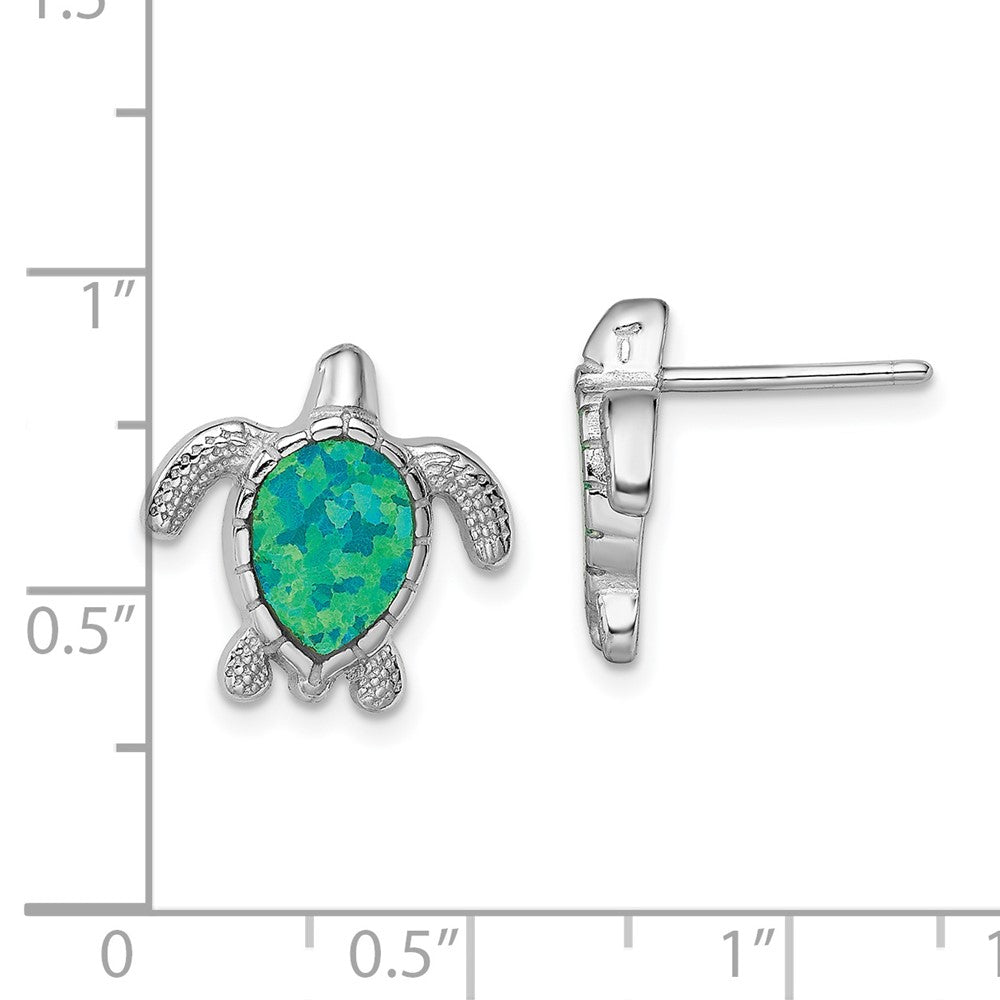 Rhodium-plated Sterling Silver Green Created Opal Turtle Post Earrings