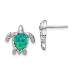 Rhodium-plated Sterling Silver Green Created Opal Turtle Post Earrings