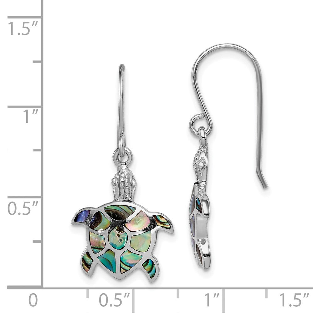 Rhodium-plated Sterling Silver Polished Abalone Turtle Dangle Earrings