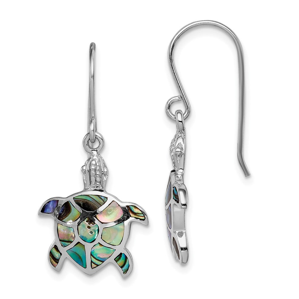 Rhodium-plated Sterling Silver Polished Abalone Turtle Dangle Earrings