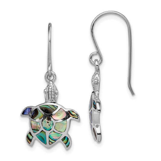 Rhodium-plated Sterling Silver Polished Abalone Turtle Dangle Earrings