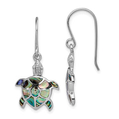 Rhodium-plated Sterling Silver Polished Abalone Turtle Dangle Earrings