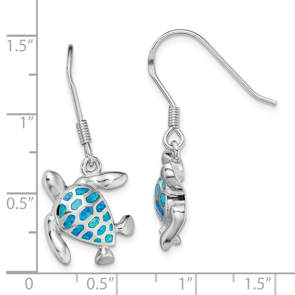 Rhodium-plated Sterling Silver Blue Created Opal Turtle Earrings