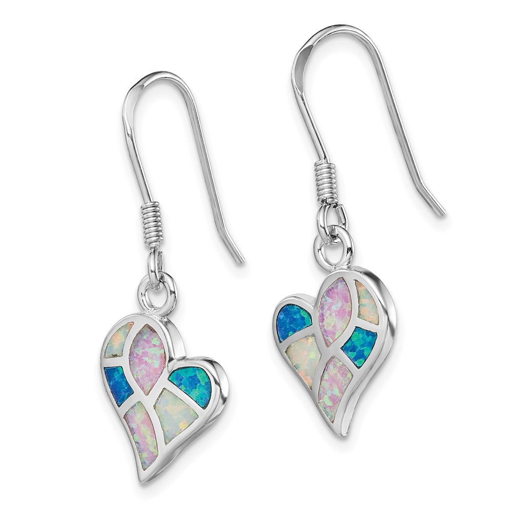 Rhodium-plated Sterling Silver White Pink Blue Created Opal Heart Earrings