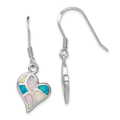 Rhodium-plated Sterling Silver White Pink Blue Created Opal Heart Earrings