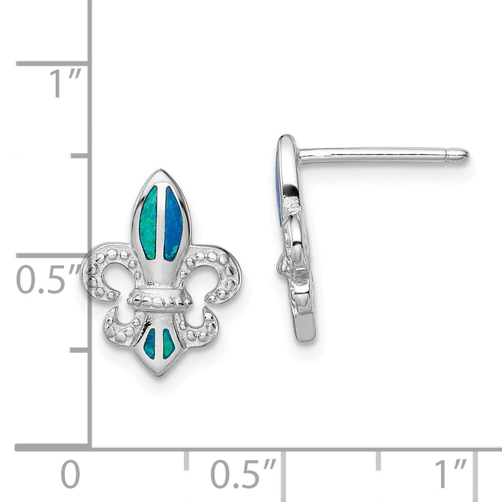 Rhodium-plated Sterling Silver Blue Created Opal Fleur De Lis Earrings