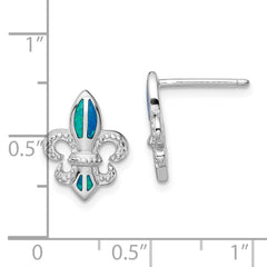 Rhodium-plated Sterling Silver Blue Created Opal Fleur De Lis Earrings