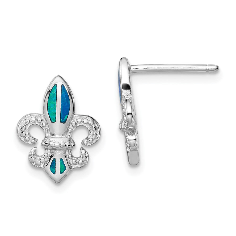 Rhodium-plated Sterling Silver Blue Created Opal Fleur De Lis Earrings