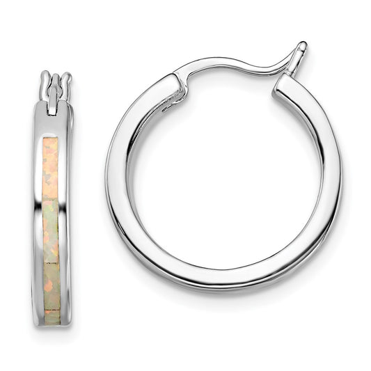 Rhodium-plated Sterling Silver White Created Opal Hoop Earrings